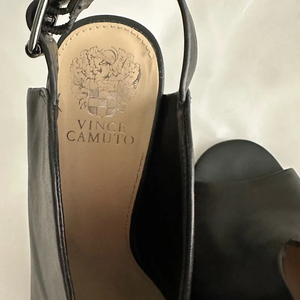 Vince Camuto Sandals, Black Leather w. Buckle,  4 inch heel, Size 9/40